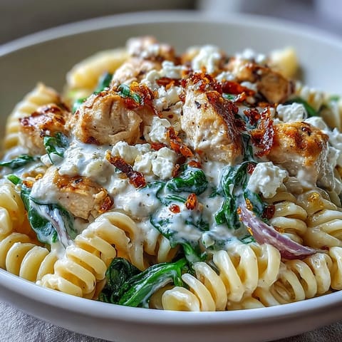 Tender chicken and crumbled feta cheese are tossed in a creamy yogurt sauce inside the skillet of Greek Chicken Feta Pasta Skillet.