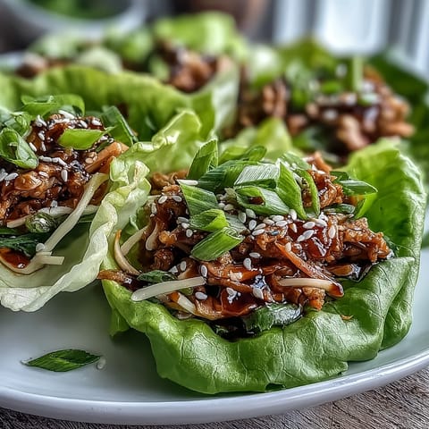 Potsticker Noodle Lettuce Cups garnished with green onions and sesame seeds, served as fresh handheld wraps.