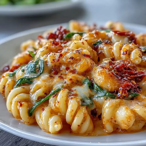 Hearty Creamy Tuscan Chili Mac with elbow pasta, spinach, and sun-dried tomatoes in a rich sauce.