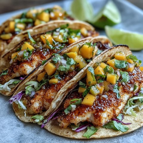 Golden, flaky tilapia sits in warm corn tortillas piled high with a colorful mango salsa and crisp shredded cabbage.
