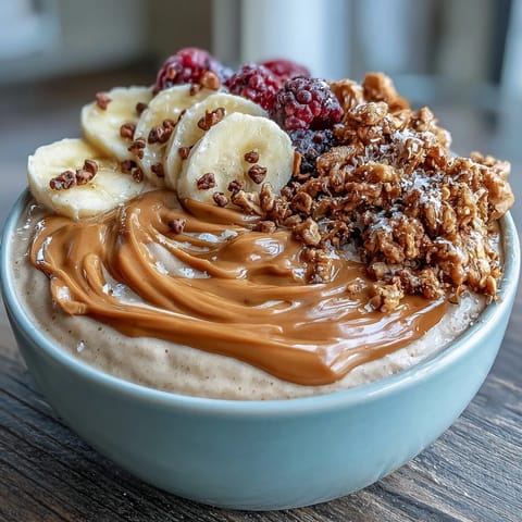 A nutritious vegan breakfast idea featuring a creamy smoothie bowl with banana, peanut butter, fresh berries, and crunchy granola.