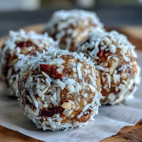 Vegan Coconut Lime Energy Balls with Dates and Cashews arranged on a chilled tray, coated in fluffy shredded coconut for a healthy snack.