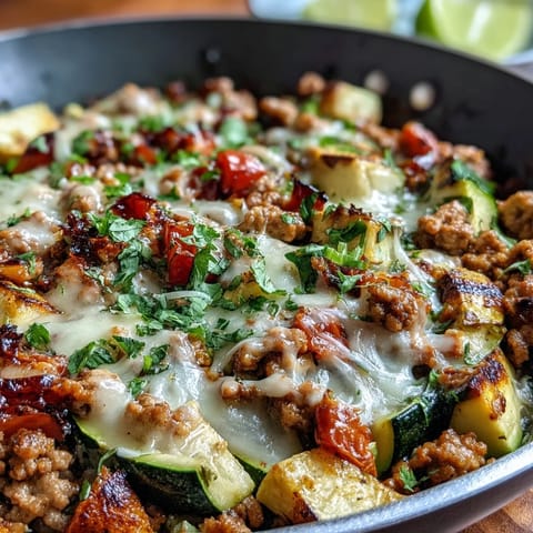 A colorful one-pot turkey taco zucchini skillet with seasoned ground turkey, fresh vegetables, and melted cheese in a savory Tex-Mex sauce.  