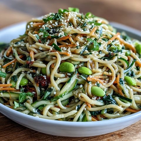 A vibrant Asian-inspired Sesame Ginger Noodle Bowl featuring julienned vegetables, chilled soba noodles, and a nutty sesame dressing.  