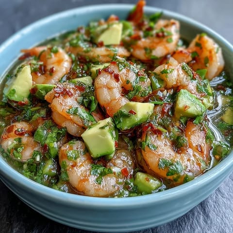 Zesty Chilli Lime Shrimp Ceviche with creamy avocado, fresh tomatoes, and cilantro, served chilled with lime wedges and tortilla chips.  