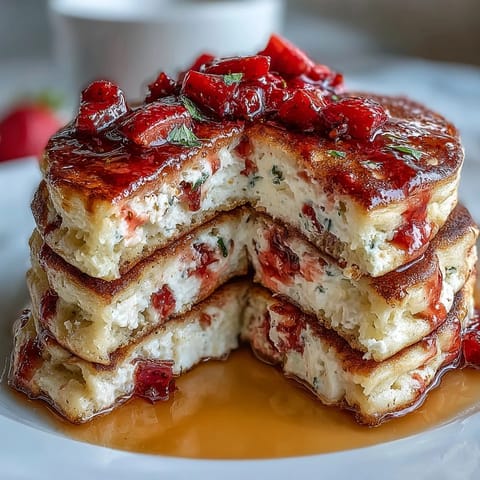 Fluffy cottage cheese strawberry protein pancakes topped with fresh berries and a drizzle of honey for a healthy breakfast.