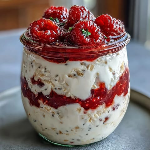 Creamy overnight oats with fresh raspberries and chia seeds, a healthy and delicious breakfast ready in minutes.