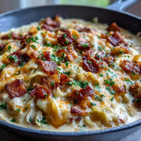 Creamy cabbage and ham skillet with tender cabbage, savory diced ham, and a rich, cheesy cream sauce in a large skillet.