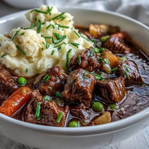 A cozy, gluten-free Irish stew featuring savory beef, carrots, and peas, topped with a velvety low-carb cauliflower puree in a rustic bowl.  
