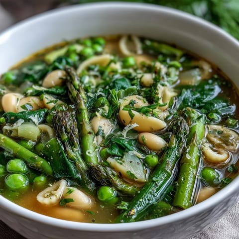 A vibrant bowl of spring minestrone with white beans and asparagus, brimming with fresh vegetables and tender pasta in a savory broth.  