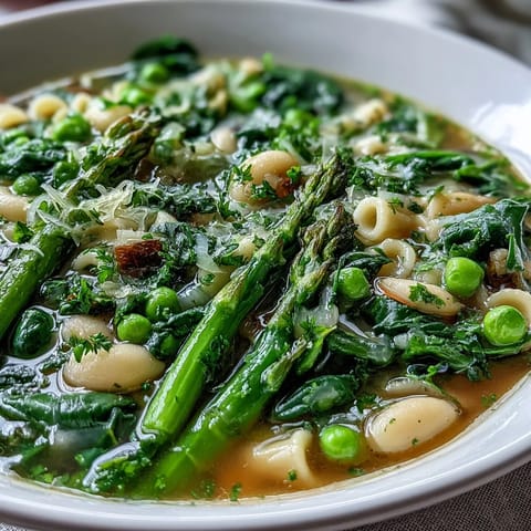 Hearty spring minestrone soup filled with seasonal asparagus, creamy white beans, and colorful vegetables, topped with fresh herbs and a lemon zest.  