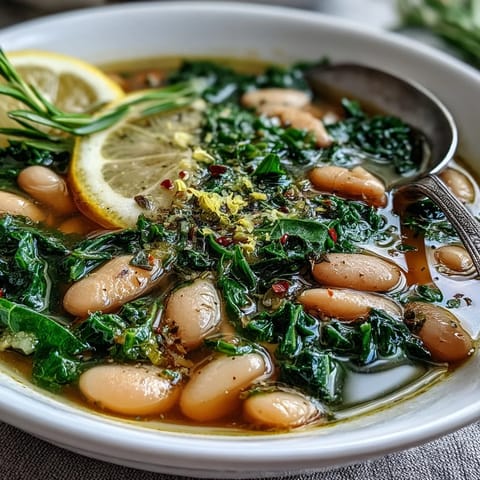 A bowl of Tuscan white bean soup with kale and lemon zest, garnished with Parmesan and olive oil.