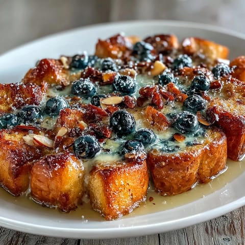 Bright and tangy Blueberry Lemon Sourdough French Toast Casserole, bursting with fresh blueberries and lemon zest in every bite.  