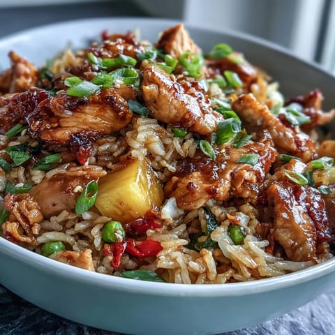 Colorful bowl of sweet chili chicken pineapple fried rice topped with cashews, cilantro, and lime wedges.  