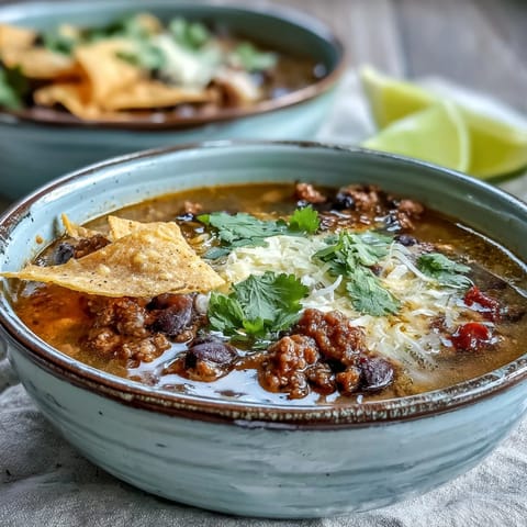 Hearty Taco Soup with ground beef, beans, and corn in a savory broth, topped with cheese and fresh cilantro.  