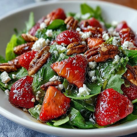 Spring Dinner Party Strawberry Arugula Salad with Balsamic Glaze: A vibrant mix of sweet strawberries, peppery arugula, creamy goat cheese, and toasted nuts, finished with a tangy balsamic drizzle.