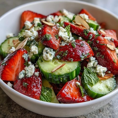 Spring Food Cucumber and Strawberry Salad with Mint: Crisp cucumber slices and juicy strawberries tossed with fresh mint, drizzled with lemon-honey dressing for a bright, refreshing side.