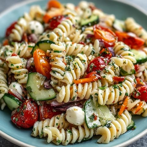 Colorful summer pasta salad with fusilli, cherry tomatoes, cucumbers, and mozzarella in zesty Italian dressing, perfect for picnics.  