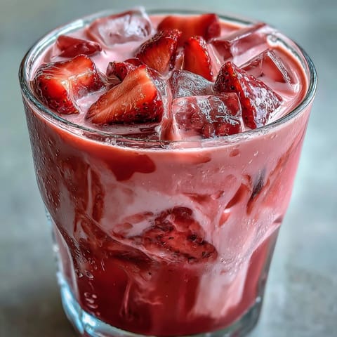 A vibrant pink drink with swirls of strawberry acai and coconut milk, garnished with fresh strawberry slices.