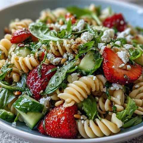 Fresh spring pasta salad with strawberries, feta, and arugula in a vibrant bowl, topped with basil and pine nuts.  