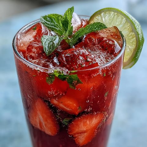 A vibrant glass of strawberry agua fresca with fresh fruit and lime slices.