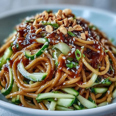 Creamy cold peanut sesame noodles with crisp cucumber, a refreshing Asian-inspired dish.