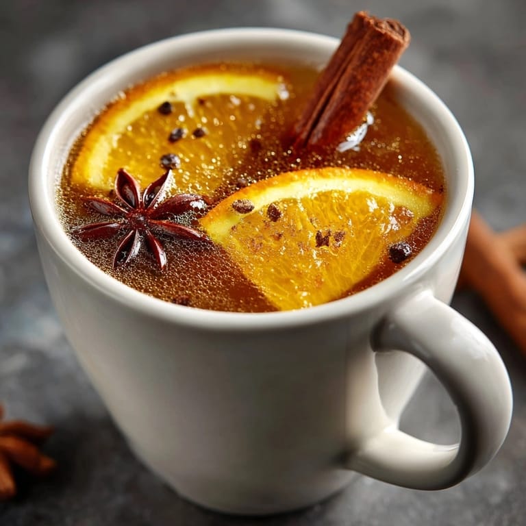 Warm, aromatic Mulled Apple Cider with Cinnamon &amp; Clove: spiced orange slices float on top.