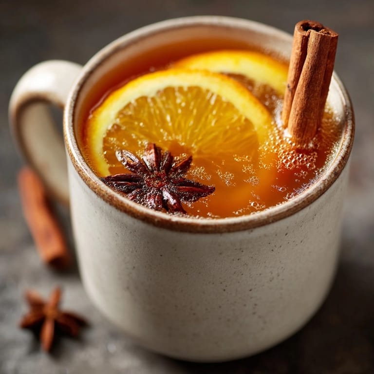 Golden Mulled Apple Cider with Cinnamon &amp; Clove being ladled into a glass mug for serving.