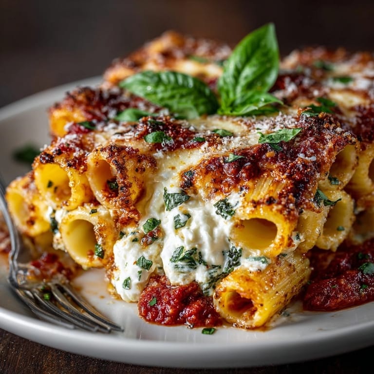 Close-up of bubbling Honeycomb Pasta, a savory bake revealing creamy ricotta filling inside rigatoni.