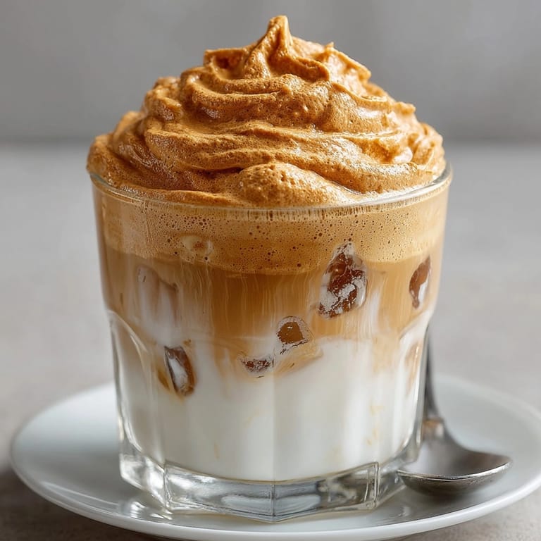 Iced Cloud Coffee beverage showing richly textured sweet and coffee topping is ready.