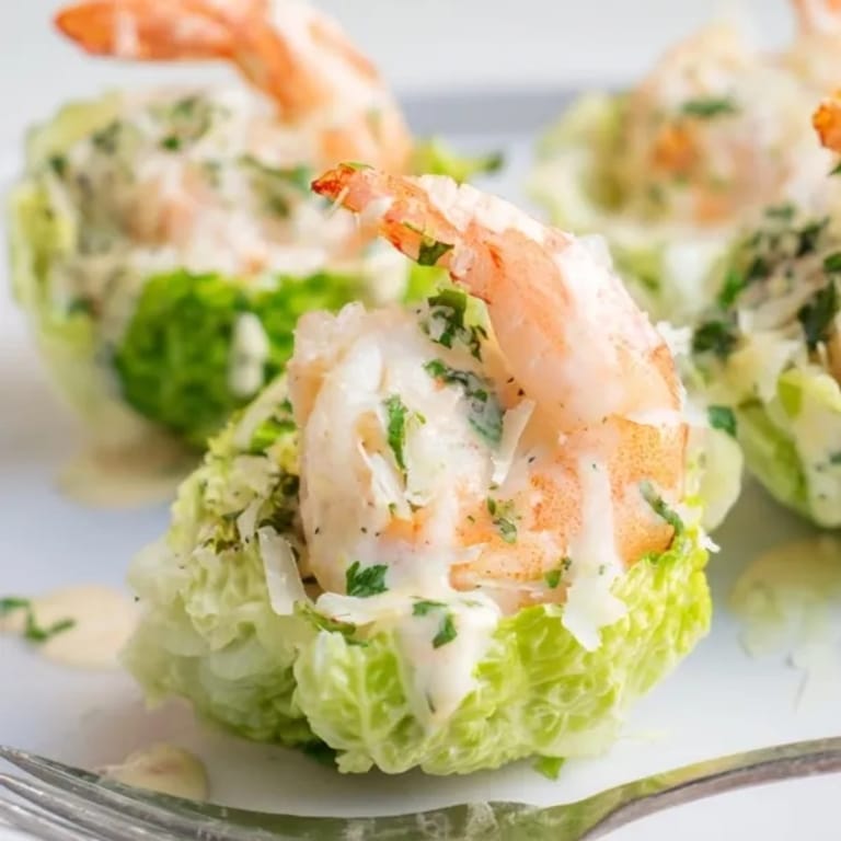 Close-up of Shrimp Alfredo Cabbage Cups, a delectable low-carb twist ready to serve.