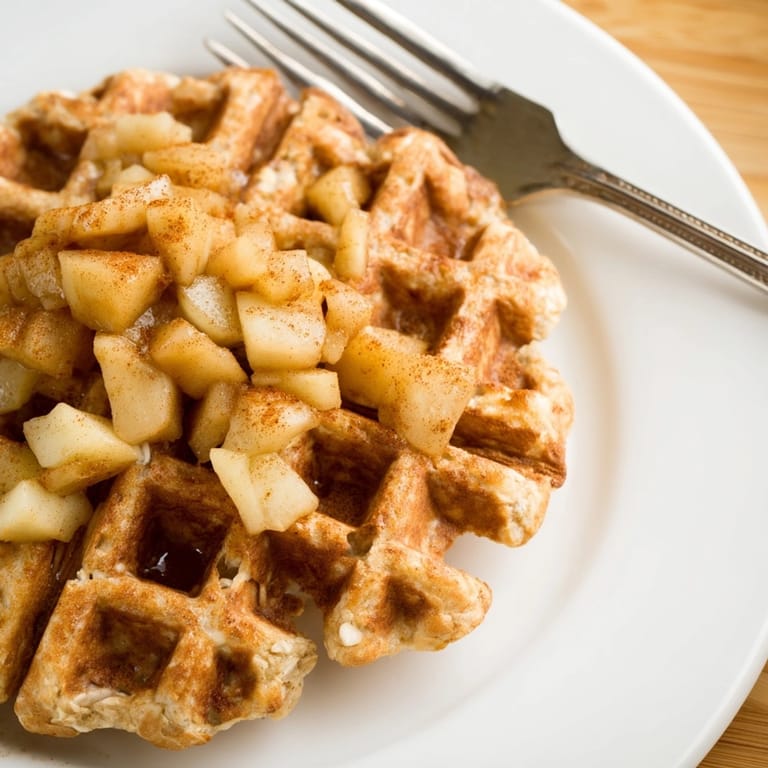 Stack of warm Cinnamon Apple Protein Waffles, topped with diced apples and cinnamon.