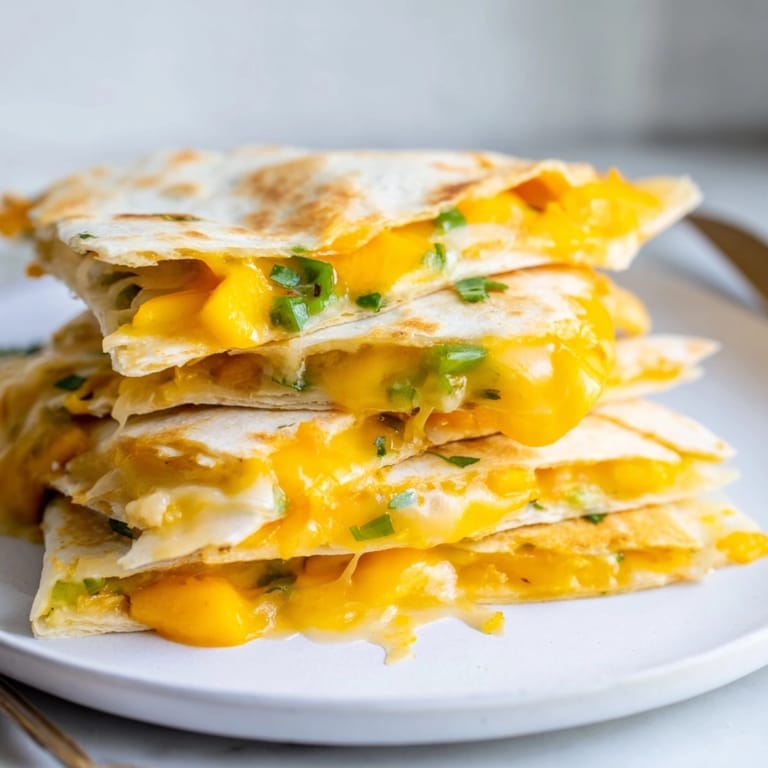 Imagine the savory-sweet taste of golden Cheesy Mango Quesadilla Triangles, fresh from the skillet.