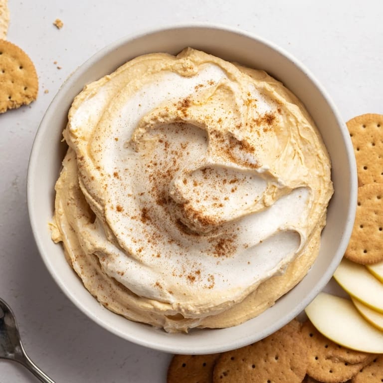 Fluffy Thanksgiving Pumpkin Pie Dip drizzled with whipped cream and sprinkled cinnamon delight.