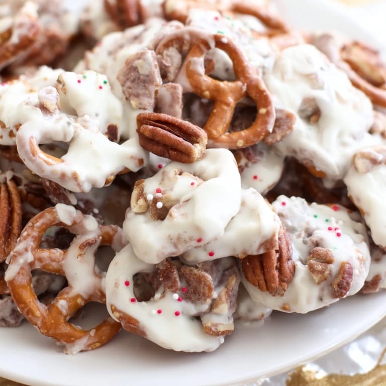 Festively sprinkled Holiday Snack Gingerbread Pretzel Clusters perfect for sharing and gifting.  