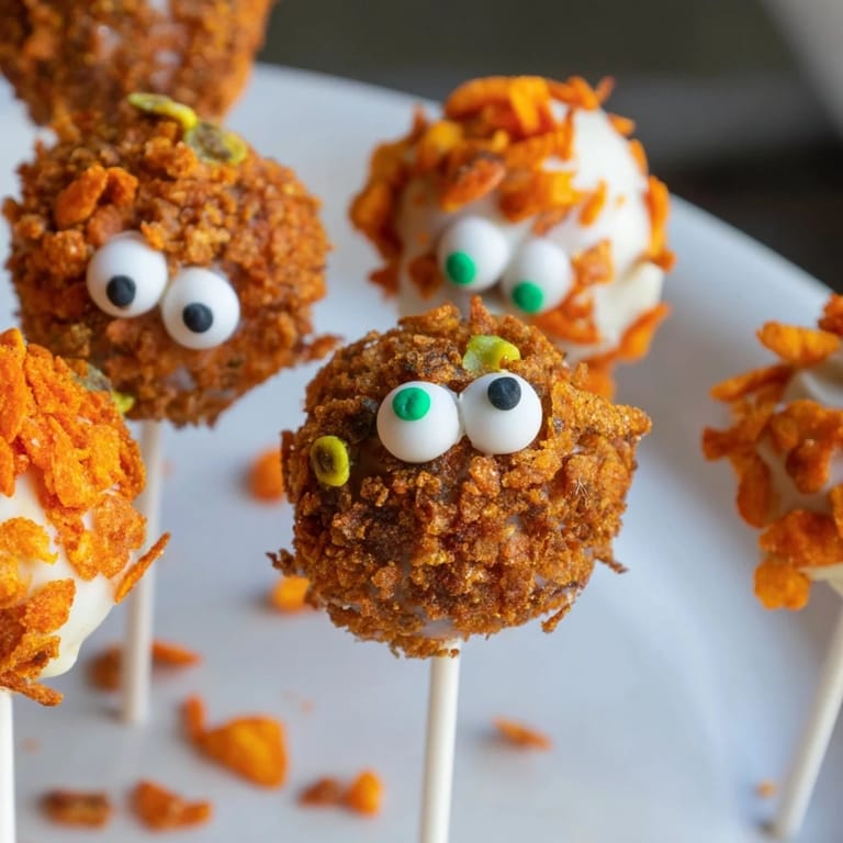 Delicious Flamin Hot Dill Pickle Sweet Potato Monster Cake Pops coated in spicy crunch and sweet flavor.