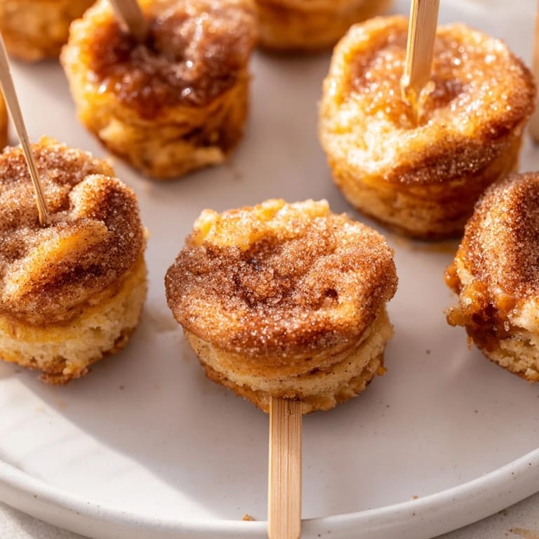Savory cheddar muffin skewers brushed with warm maple bourbon, sprinkled with cinnamon sugar.  