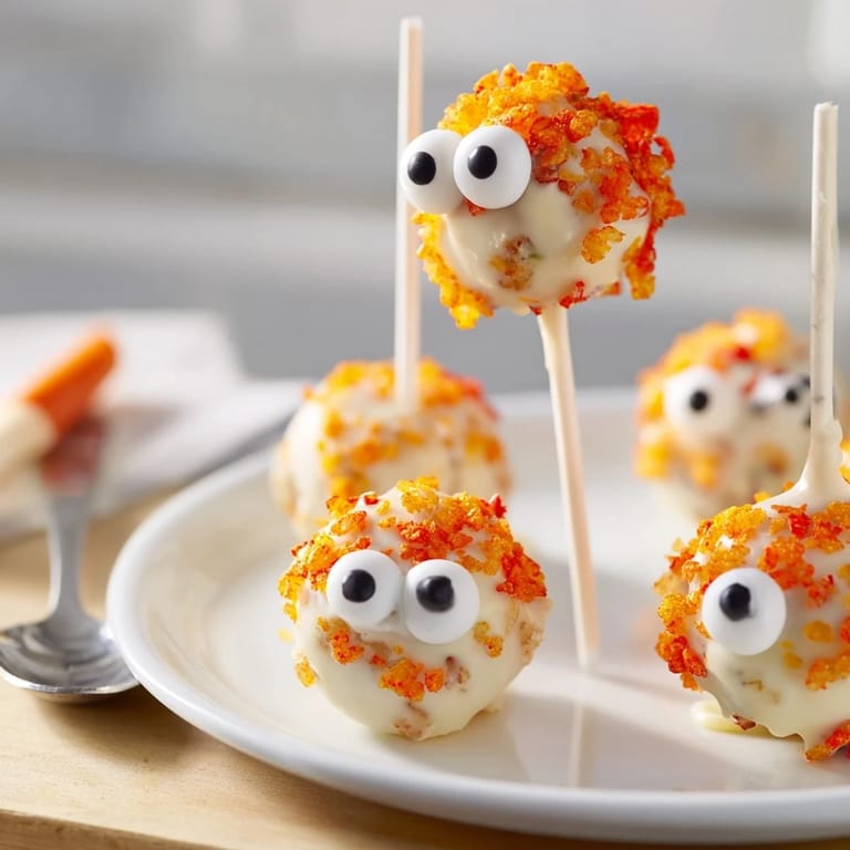 Eye-catching Flamin Hot Dill Pickle Sweet Potato Monster Cake Pops decorated with candy eyes and crunch.