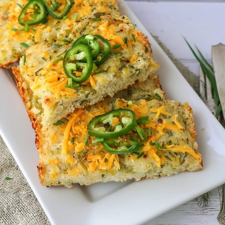 Savory pancake bars infused with dill pickles and garlic, served warm on a plate.  