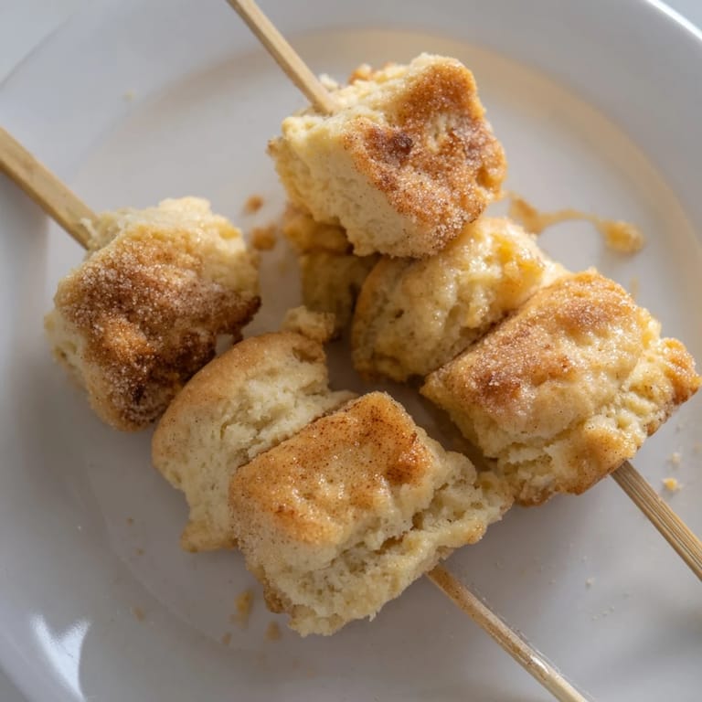 Tender biscuit muffin skewers brushed with maple bourbon butter and dusted with cinnamon sugar.