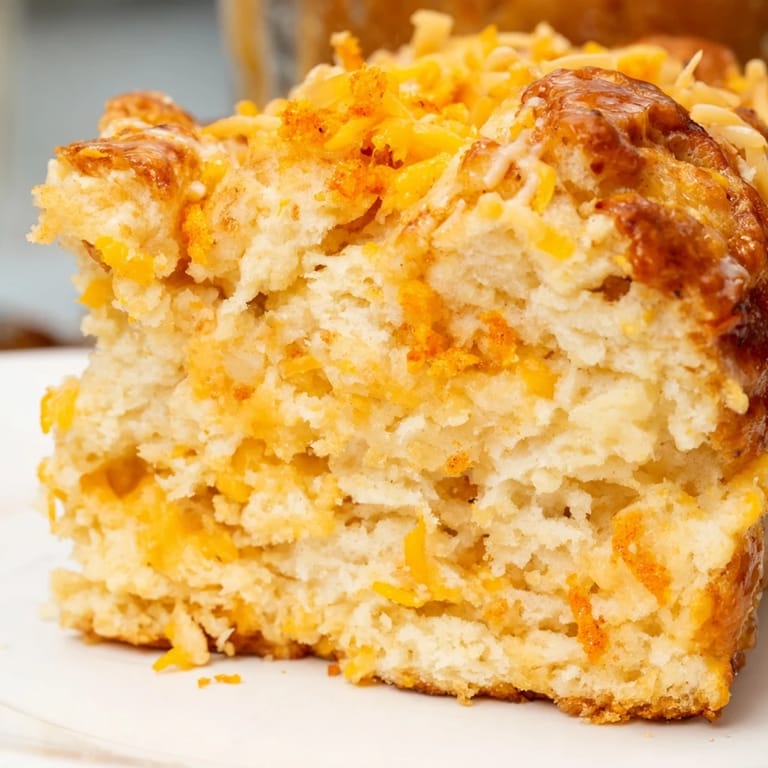 A colorful slice of Flamin Hot Cheddar Cinnamon Sugar Biscuit Muffin Loaf on a plate.  