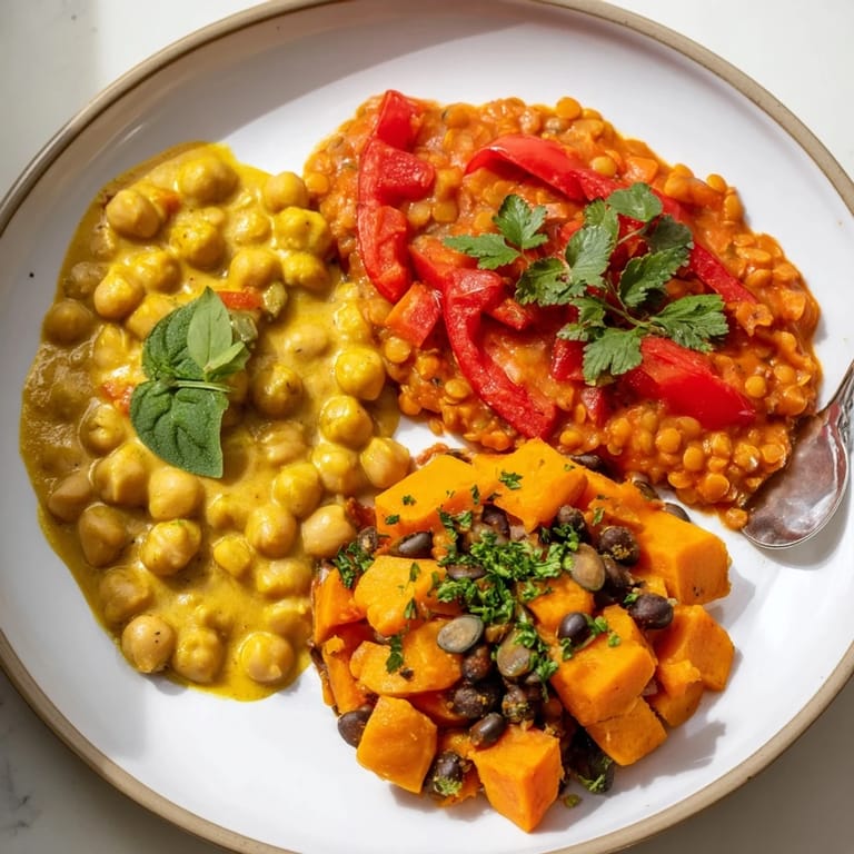 Creamy Thai Red Lentil Curry filled with vegetables, topped with fragrant basil leaves.  