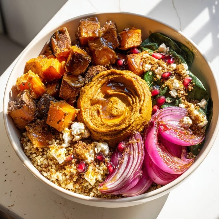 Vibrant Spiced Winter Bowls featuring sweet potatoes, pistachios, and pomegranate seeds.