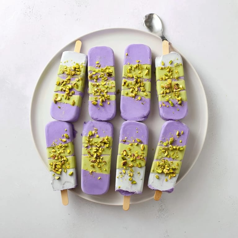  Deliciously layered ube and pistachio ice cream bars with nuts and creamy sweetness.