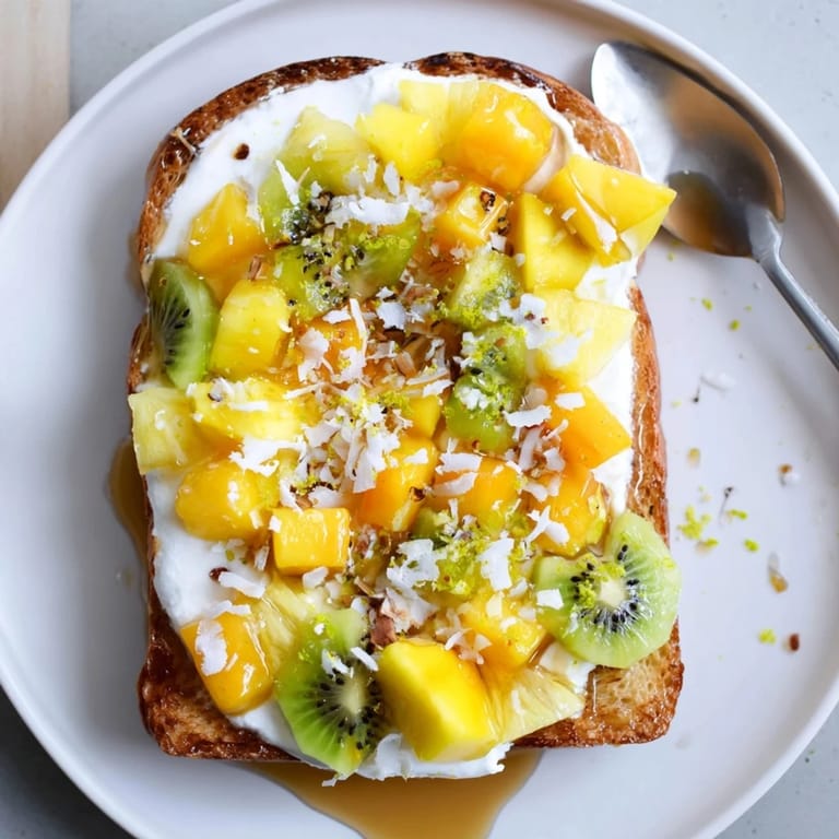Golden brown Yogurt-Custard Toast 2.0 adorned with shredded coconut and lime zest.
