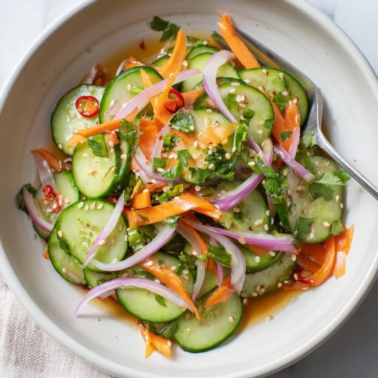 Colorful cucumber salad remix garnished with sesame seeds for a delicious appetizer.