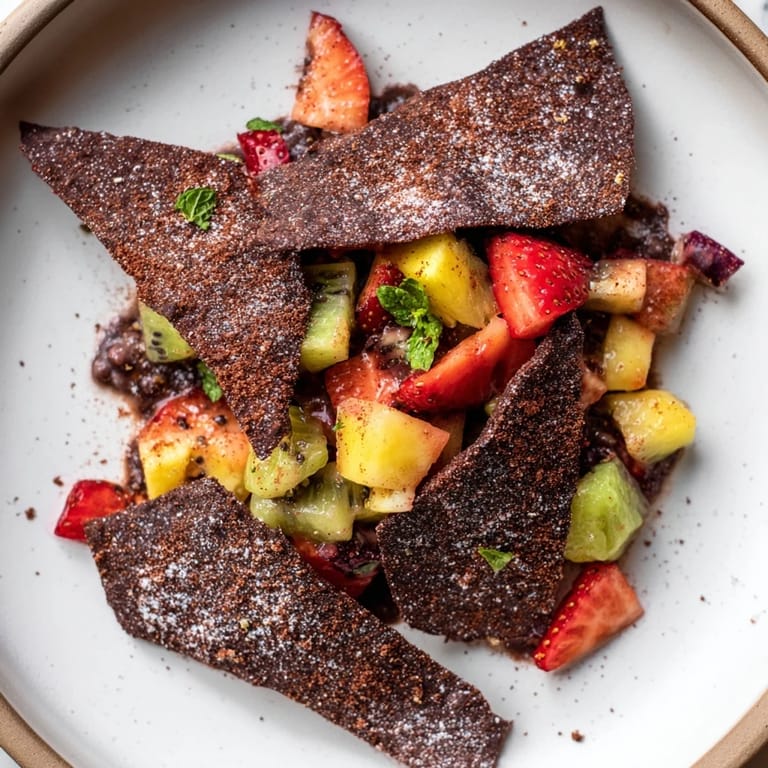 Delightfully sweet Dessert Chips & Salsa: homemade chocolate chips paired with vibrant fruit medley.