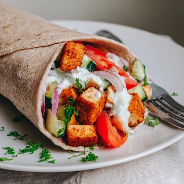 Savory vegan viral recipe showcasing golden tofu and zesty, roasted vegetables in pita.