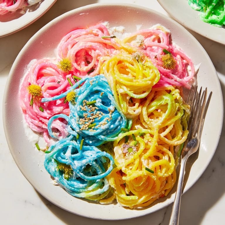 Whimsical Neon Noodle Cloud recipe featuring vibrant noodles and a fluffy, creamy sauce delight.  