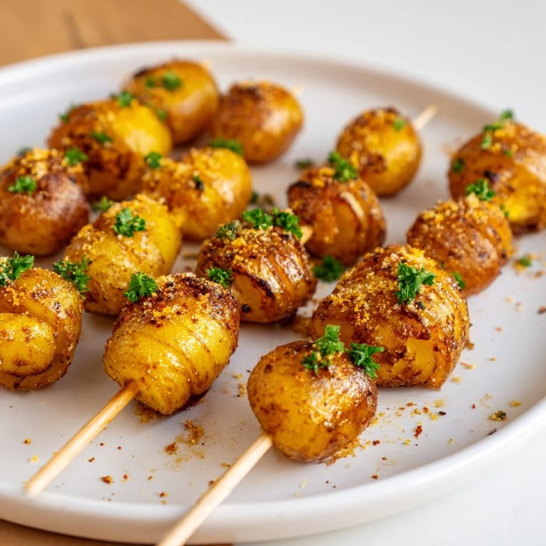 Golden-brown air-fried tornado potatoes spiraled on skewers, perfect for dipping.  